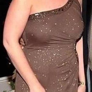 Brown, with gold speckles, off the shoulder formal dress